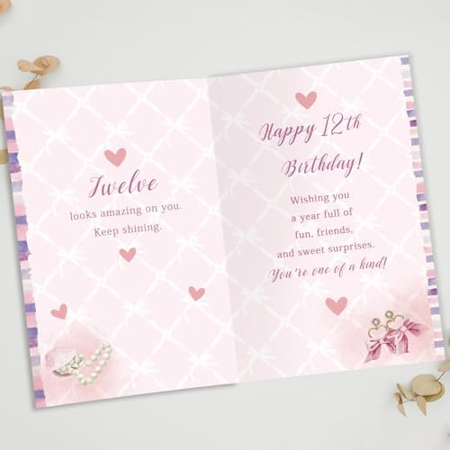 fancu Happy 12th Birthday Card for Girls, Sweet Fashion Bithday Card for 12th Girls, Pink Beauty Themed Card,Birthday Card for Special Daughter Granddaughter, Perfume, Makeup & Pearl Design