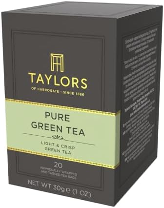 Taylors of Harrogate Pure Green Tea, Individually Wrapped Bags, 20 Count (Pack of 1), Delicate, Mellow and Crisp, Caffeinated, Enjoy Hot or Iced, 20 Teabags