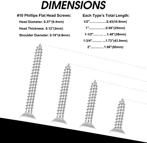 100 PCS #10X2 Stainless Steel Phillips Flat Head Wood Screws,Stainless Steel 18-8 A2(304) Screw,Home Screw Kit by QISHENG