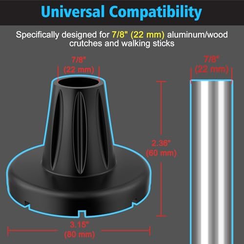 supregear Crutch Tips 7/8 in (22 mm), Anti-Slip Rubber Tips All Terrain, Heavy Duty Extreme Grip Replacement Feet Caps for Walking Stick, Wide Crutch Accessories Base with Metal Insert, 2-Pack, Black