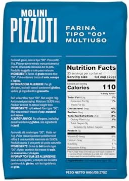 Molini Pizzuti Italian Tipo “00” Soft Wheat Flour – Ultra-Fine – All Natural for Pizza, Bread, Pasta, and Baking, 1 kg (2.2 lbs)