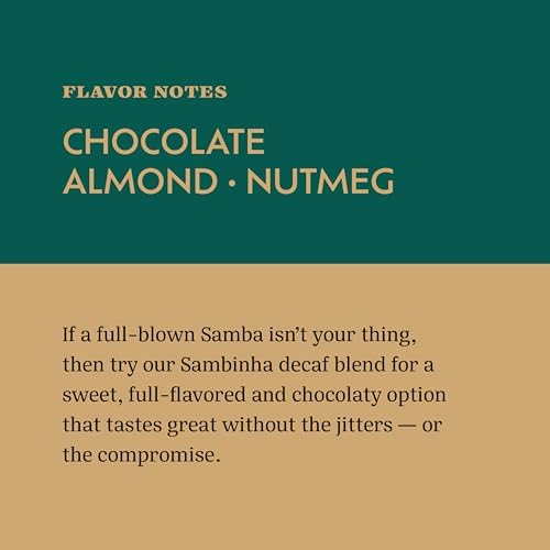 Casa Brasil Sambinha Decaf Coffee – Whole Bean, Medium Roast – Swiss Water Process – Chocolate, Almond, Nutmeg Notes – Caffeine-Free Brazilian Coffee – 12oz bag