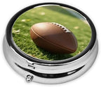 Rugby Pill Box Small Pill Case with 3 Compartments and Mirror, Portable Round Medicine Pill Organizer Box Portable Travel Metal Pill Case Box for Pocket or Purse