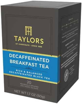 Taylors of Harrogate Decaffeinated Breakfast, Black Tea, Individually Wrapped Bags, 20 Count (Pack of 1), Rich, Bright & Balanced, Decaffeinated, Enjoy Hot or Iced, 20 Teabags