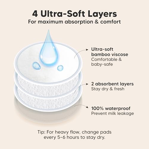 Organic Nursing Pads - 14 Washable Breast Pads for Breastfeeding, Wash Bag, Viscose Derived from Bamboo Reusable Nipple Covers for Breastfeeding Essentials, Soft & Absorbent (Neutrals, M 4.6")