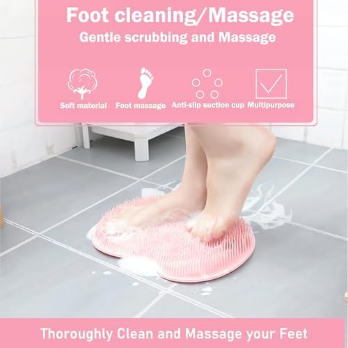 Shower Foot and Back Scrubber Mat,Wall Mounted Shower Foot Scrubber with Suction Cups,Exfoliating Silicone Massage Cleaner Mat(Pink)