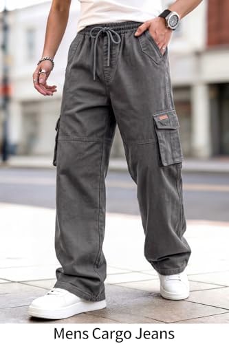 Heyfanee Mens Baggy Cargo Jeans Wide Leg Y2K Elastic Waist Denim Pants for Men with Drawstring Streetwear