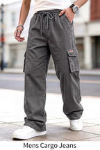 Heyfanee Mens Baggy Cargo Jeans Wide Leg Y2K Elastic Waist Denim Pants for Men with Drawstring Streetwear