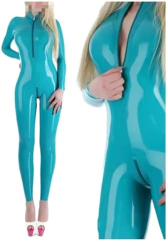 Latex Rubber Catsuit Front Zipper Uniform Halloween Masquerade Handmade Custom Cosplay Light Blue