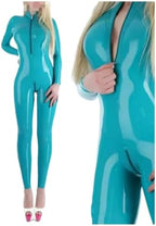 Latex Rubber Catsuit Front Zipper Uniform Halloween Masquerade Handmade Custom Cosplay Light Blue