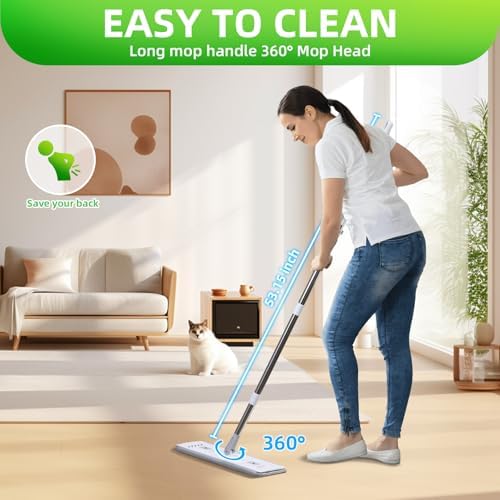 Mop and Bucket Set: 360° Flat Squeeze Mop with Long Handle & Wringer Bucket, 6 Washable Microfiber Pads for Kitchen, Bathroom, Wall Cleaning, Wet Dry Use, Lovely Gift for Women