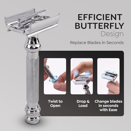 Parker 99R Chrome Long Handle Heavyweight Butterfly Open Double Edge Safety Razor for Men | 5 Parker Premium Platinum Double Edge Razor Blades Included | Iconic Brand
