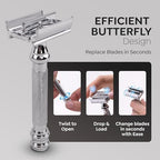 Parker 99R Chrome Long Handle Heavyweight Butterfly Open Double Edge Safety Razor for Men | 5 Parker Premium Platinum Double Edge Razor Blades Included | Iconic Brand