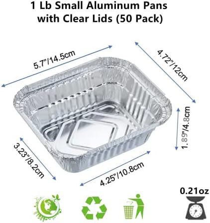 1 Lb Small Aluminum Foil Pans with Clear Lids (50 Pack), Disposable Cookware, Takeout Trays, Food Containers for Restaurants & Catering, Recyclable