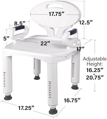 Vaunn Medical Shower Chair Bath Seat with Padded Arms, Removable Back and Adjustable Legs for Bathtub Safety (Wide Chair With Arms)