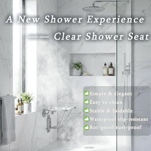Folding Shower Seat Wall Mounted 350 lbs Capacity Heavy Duty Acrylic Shower Bench with Stainless Steel Bracket, Fold Down Bath Seat for Elderly, Disabled, Adults Space-Saving Transparent