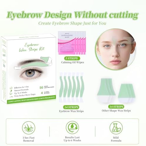 Eyebrow Wax Strips - 56 Strip Eyebrow & Upper Lip Hair Remover with 4 Soothing Wipes | Natural Beeswax Formula | Painless at Home Hair Removal for Women & Sensitive Skin | Lasts 6 Weeks