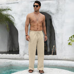 Puimentiua Cotton Linen Pants Men Casual Loose Fit Elastic Drawstring Waist Summer Beach Pants