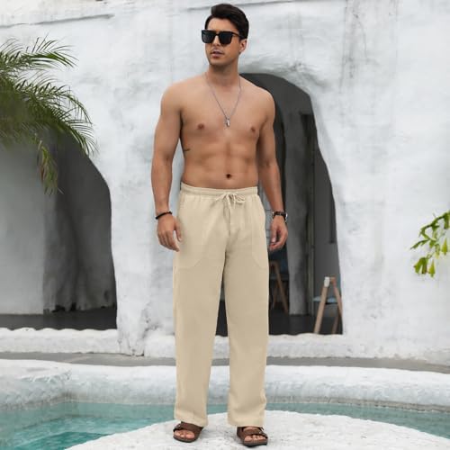 Puimentiua Cotton Linen Pants Men Casual Loose Fit Elastic Drawstring Waist Summer Beach Pants