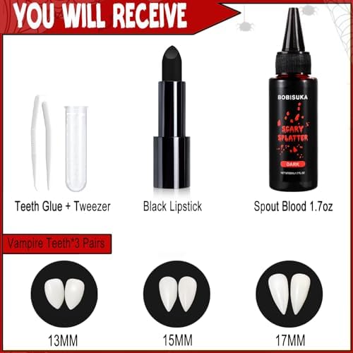BOBISUKA Halloween Vampire Makeup Kit with Dark Fake Blood, Black Lipstick, 3 Pairs Vampire Teeth, Horror Cosplay Costume Accessories for Halloween, Vampire, Party