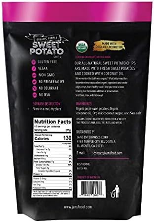 Jans Purple Sweet Potato Chips, 4 oz – Baked Sweet Potato Chips Made with Coconut Oil – Healthy Sweet Potatoes Snacks, AIP Compliant, Gluten Free, Non GMO, Paleo Snack