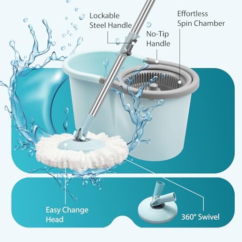 Spin Mop and Bucket with Wringer Set, Operable 360° Rotating Mop Bucket Set with 3 Microfiber Replacement Head, Stainless Steel Extended Handle for Floor Cleaning Home Office（Blue）