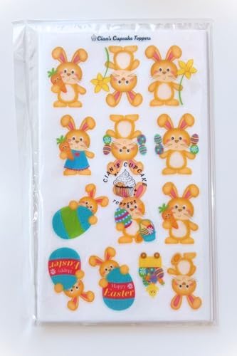 Cute Easter Bunny Edible Cupcake Toppers – Stand Up Wafer Cake Decorations for Easter Cakes, Cupcakes & Treats – 5cm / 2 Inch Uncut Bunnies with Eggs, Carrots & Flowers (24)