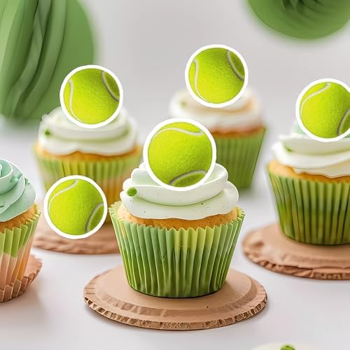 50 PCS Edible Tennis Cupcake Toppers Wafer Paper Sport Ball Cake Toppers Edible Tennis Party Decorations for Sports Themed Baby Shower Kids Boys Birthday Party Cake Decorations Supplies