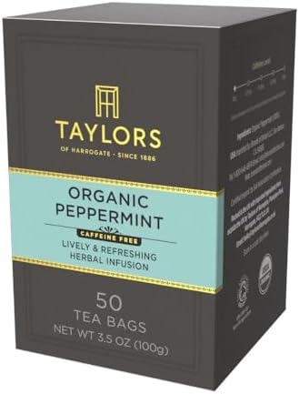 Taylors of Harrogate Organic Peppermint, Herbal Tea, Pillow Tea Bags, 50 Count (Pack of 6), Clean, Pure and Refreshing, Caffeine-Free, Enjoy Hot or Iced, 300 Teabags Total