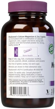 Bluebonnet Nutrition Calcium Magnesium Zinc Strong Bones Supplement with L-Glutamic Acid, Horsetail & Boron - Non-GMO, Vegan, Gluten-Free Magnesium Complex for Women & Men - 180 Caplets