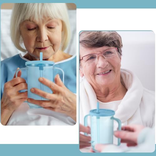 Sliner Adult Sippy Cups for Elderly 12 oz Straw Sippy Cups with 2 Handles No Spill for Adults Spill Proof Dysphagia Cup for Disabled Patients(Light Blue)