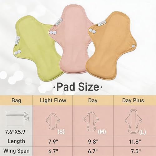 Langsprit Cotton Reusable Period Pads for Women, Washable Pads Menstrual, Regular Absorbency Cotton Cloth Menstrual 3pcs Set with Mini Wet Bag, Suitable for Menstrual Period