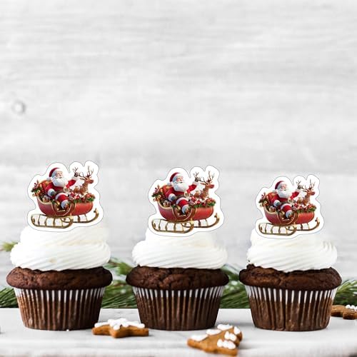 50 PCS Edible Santa Claus Cupcake Toppers Merry Christmas Cake Toppers Wafer Paper Santa Claus Party Decorations for Merry Christmas Theme Holiday Baby Shower Birthday Party Cake Decorations Supplies