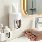 Wall Mounted Automatic Toothpaste Squeezer, White Plastic, Dustproof Cover, No-Drill Installation, Bathroom Organizer