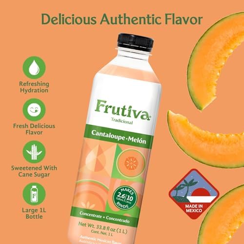 Frutiva Authentic Cantaloupe Drink Mix | Made in Mexico with Cane Sugar | Aguas Frescas Concentrate Makes 2.6 Gallons | No High Fructose Corn Syrup | Perfect for Drinks, Desserts & More