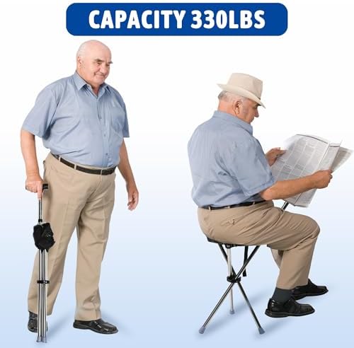 FATTCHIAR Walking Cane with Seat, Adjustable Height 34"-38" Cane Chair Capacity 220lbs, Folding Lightweight Portable Stool for Adults Seniors
