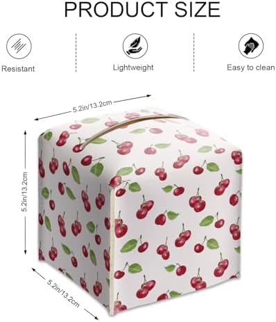 Tissue Box Cover Square - Red Cherries Tissue Box Holder with Bottom Belt, Leather Facial Paper Holder Decor for Bathroom Vanity Countertop, Nightstands, Dining Table, Office, Car -07