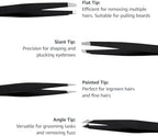 Amazon Basics Tweezers for Facial Hair, Eyebrows, Eyelashes - Set of 4, Professional Stainless Steel with Travel Case, Black