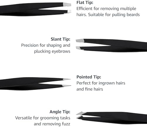 Amazon Basics Tweezers for Facial Hair, Eyebrows, Eyelashes - Set of 4, Professional Stainless Steel with Travel Case, Black