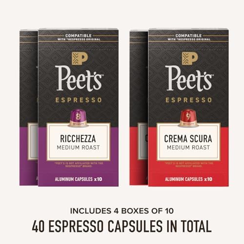 Peet's Coffee, Medium Roast Espresso Capsules Variety Pack, Compatible with Nespresso Original Machine, 100% Arabica Coffee - Intensity 8-9, 40 Count (4 Boxes of 10 Espresso Capsules)