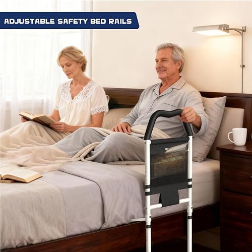 Bed Rails for Seniors & Bed Rail for Elderly, Adjustable Safety Support with Non-Slip Ergonomic Handle & Storage Pocket, Fall Prevention Assist Rail with Support Leg, ASTM Certified, 350 lbs Capacity