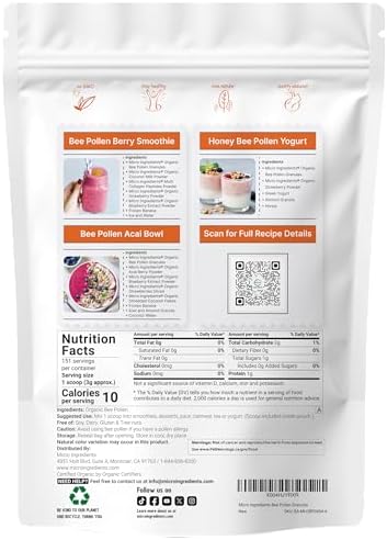 Micro Ingredients Organic Bee Pollen Granules, 1 lb | Fresh Harvest, Raw & Natural Superfood | Rich in B Vitamins, Minerals, Protein & Antioxidants | Keto, Non-GMO