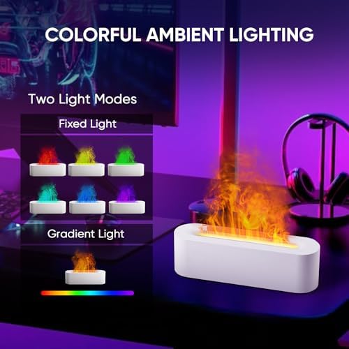 Essential Oil Diffuser, Fireplace Flame Fire Oil Diffuser, 150ml Ultrasonic Cool Mist Aromatherapy Humidifier, Scent Aroma Diffuser with 7 Colors Light, Timer & Auto-Off for Home, Room (White)