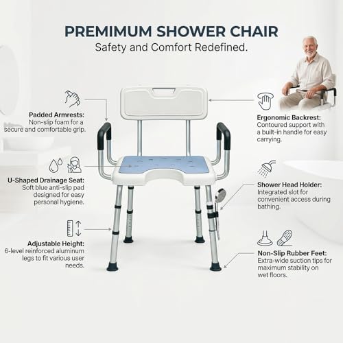 Shower Chair for Inside Shower with Arms and Back HSA/FSA Eligible, 400lbs Capacity Height Adjustable U-Shaped Seat for Seniors Elderly Easy Bathing, 4-in-1 Tool-Free Assembly