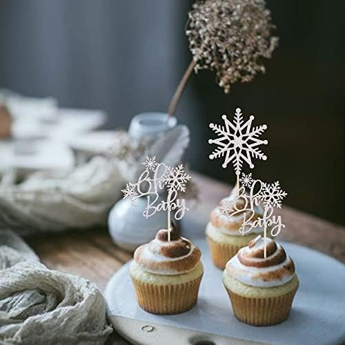 Rsstarxi 24 Pack Snowflake Oh Baby Cupcake Toppers Glitter Winter Frozen Them Cupcake Picks Baby Shower Cake Decorations for Snowflake Them Gender Reveal Christmas Kids Birthday Party Supplies Silver