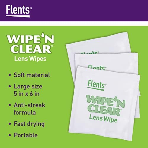 Flents Wipe ’N Clear Biodegradable Lens Wipes, 225 Count Pre-Moistened Eyeglass Cleaner Wipes for Glasses, Screens, and Lenses, Anti-Streak, Quick Dry, Individually Wrapped