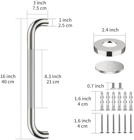 16 Inch Anti Slip Shower Grab Bar Handle, ZUEXT Chrome Finish Stainless Steel Bathroom Grab Bar, Knurled Bathroom Balance Bar,Safety Hand Rail Support,Handicap Elderly Injury Senior Assist Bath Handle