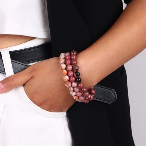 SONNYX 3PCS Crystal Stone Bracelets for Women Men Semi-Precious Gemstone Bracelets 8mm Round Beads Stretch Beaded Bracelet Jewelry