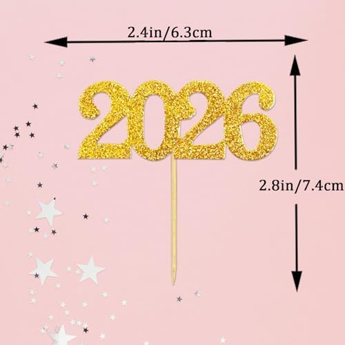 24 Pack 2026 Gold Cupcake Toppers, Glitter 2026 Food Cake Picks Decoration for New Year Birthday Wedding Graduation Party Dessert Decoration