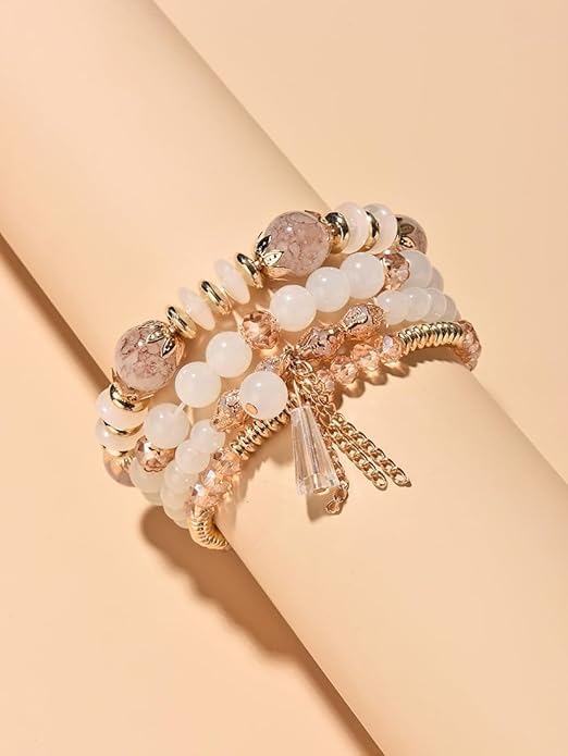 Caiyao 4Pcs Bohemia Multilayer Stackable Beaded Bracelets Set Colorful Crystal Stone Gold Beaded Stretch Bracelets Hawaii Charm Bracelet for Women Men Summer Beach Boho Vacation Jewelry Gifts